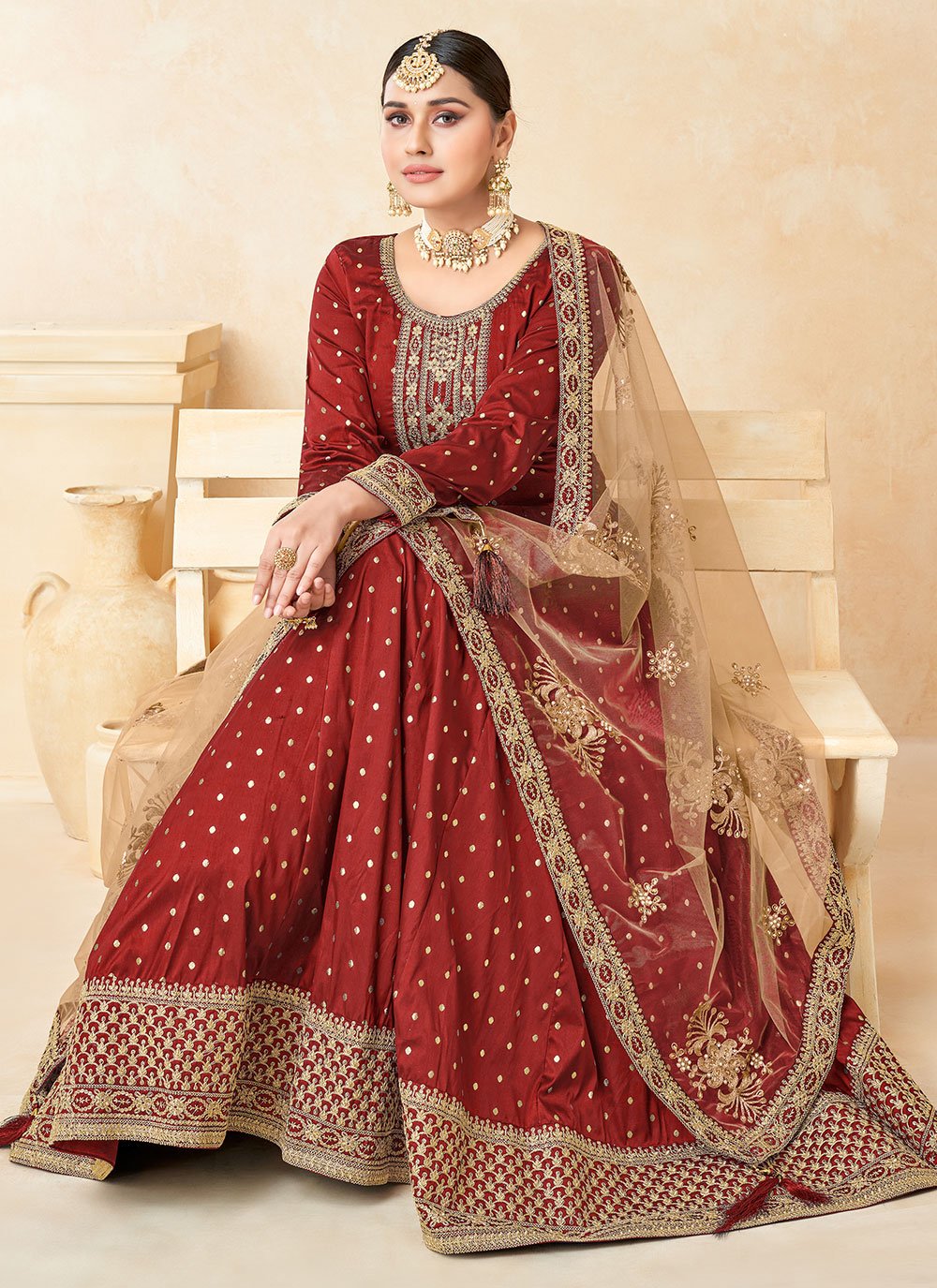 Anarkali Suit Tafeta Silk Red Embroidered Salwar Kameez