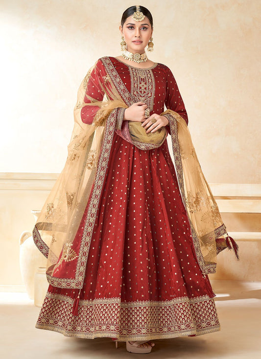 Anarkali Suit Tafeta Silk Red Embroidered Salwar Kameez