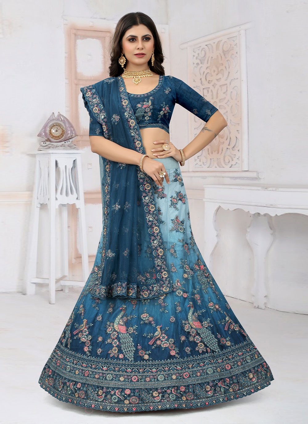 A Line Lehenga Net Teal Embroidered Lehenga Choli