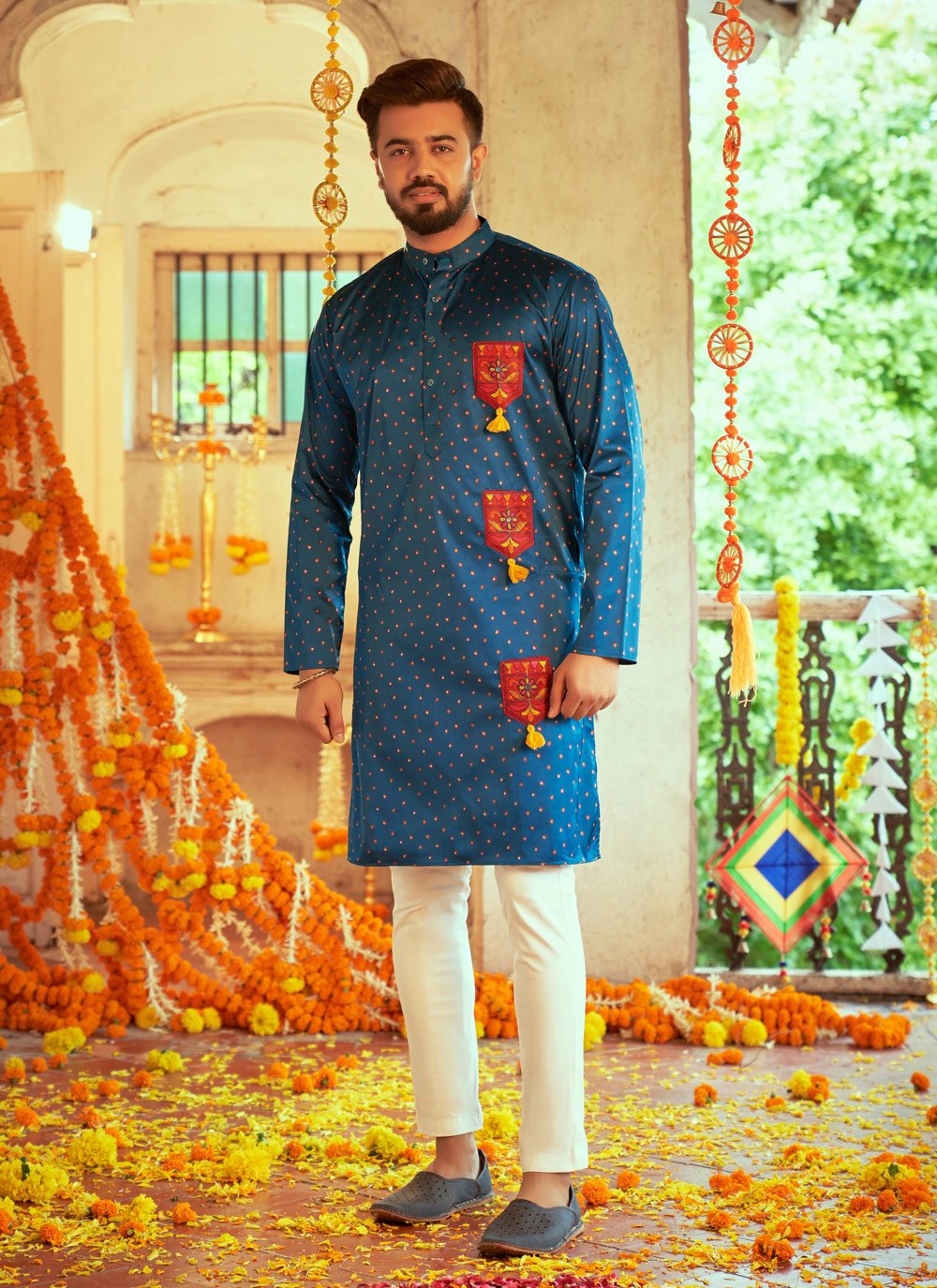 Kurta Pyjama Art Silk Teal Embroidered Mens