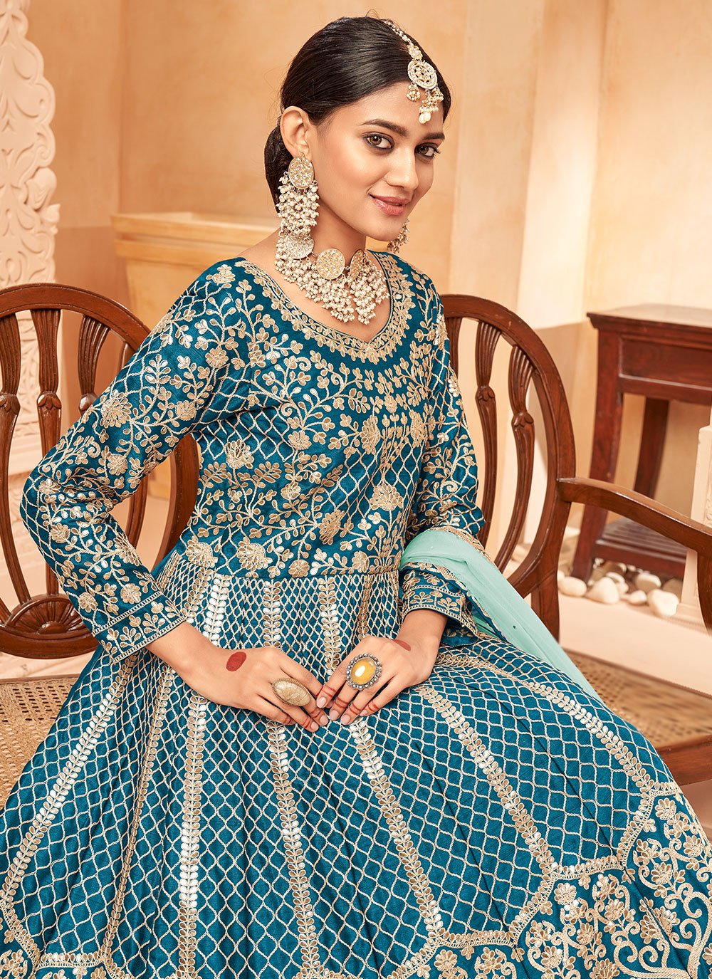 Pakistani Salwar Suit Art Silk Teal Embroidered Salwar Kameez