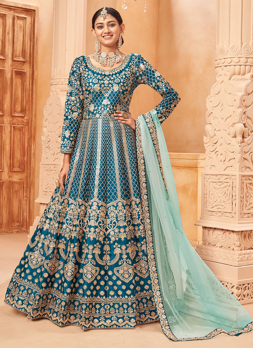 Pakistani Salwar Suit Art Silk Teal Embroidered Salwar Kameez