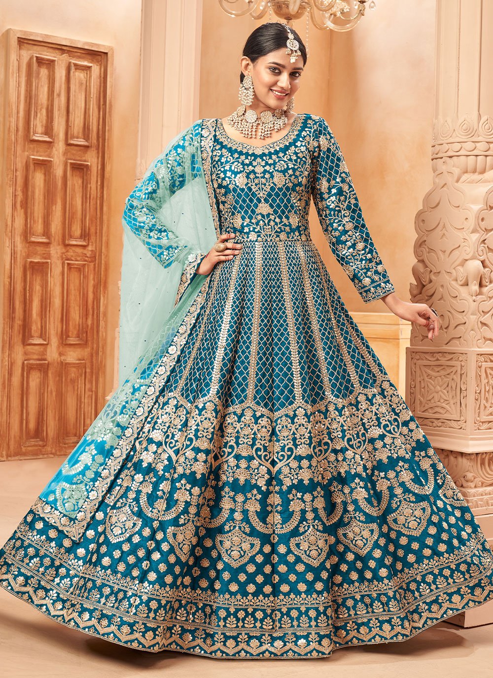 Pakistani Salwar Suit Art Silk Teal Embroidered Salwar Kameez