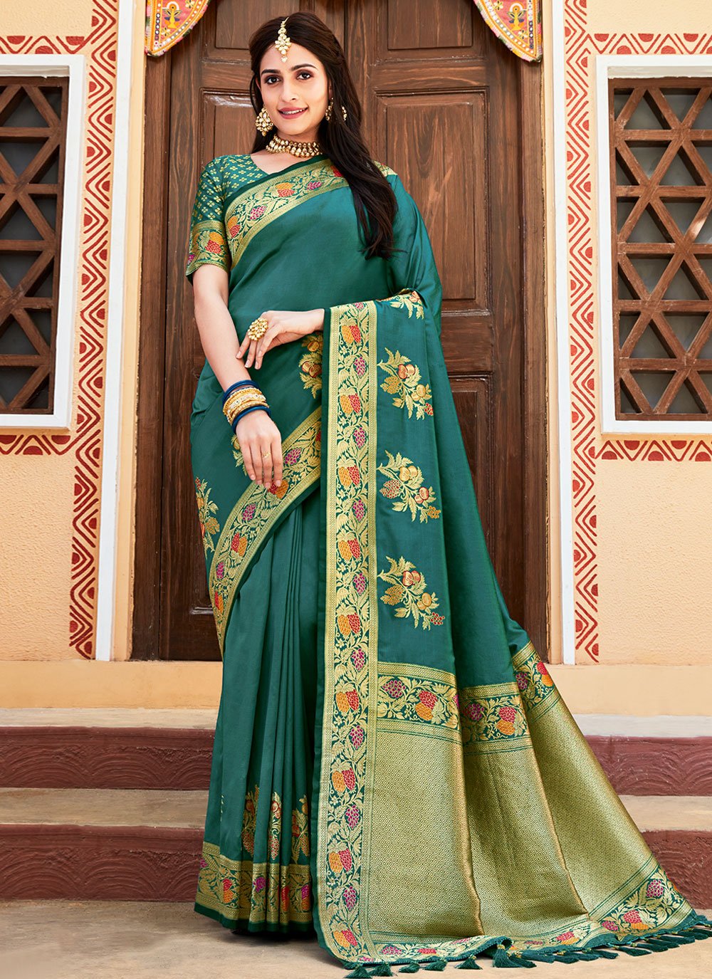 Contemporary Silk Teal Patch Border Saree