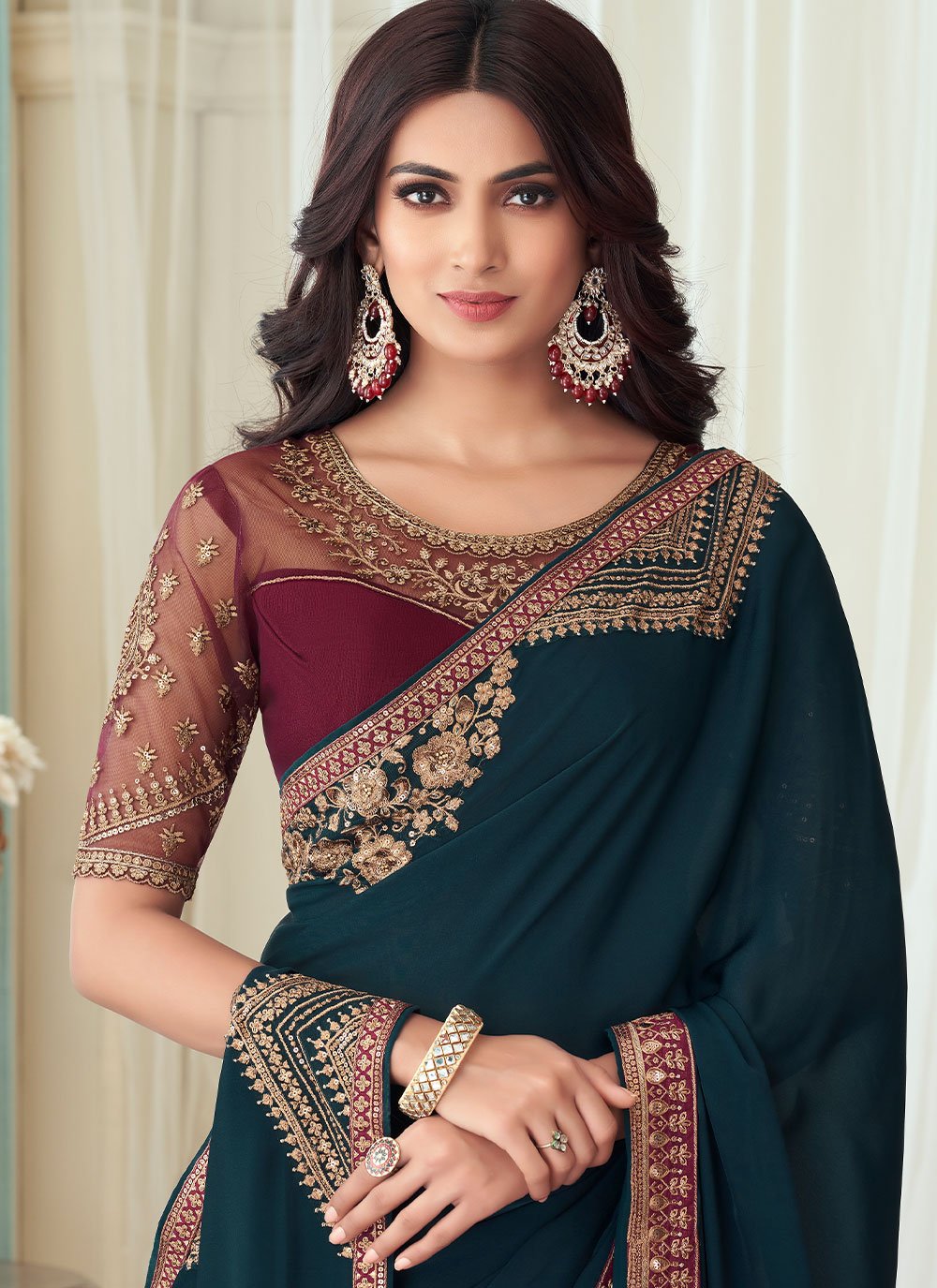 Contemporary Silk Teal Embroidered Saree