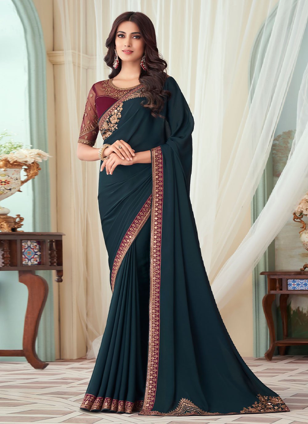 Contemporary Silk Teal Embroidered Saree