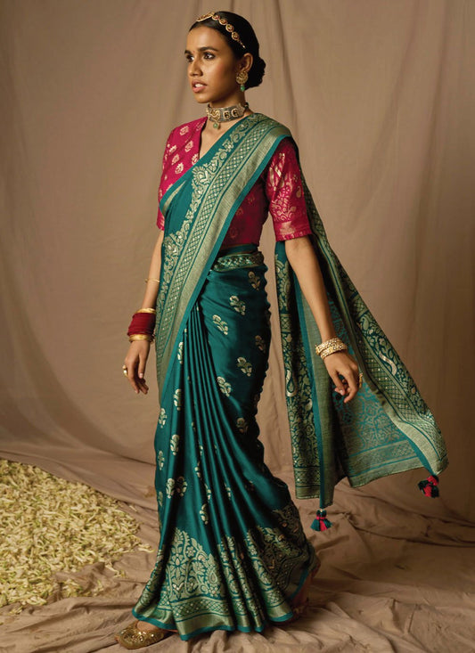 Classic Brasso Teal Woven Saree