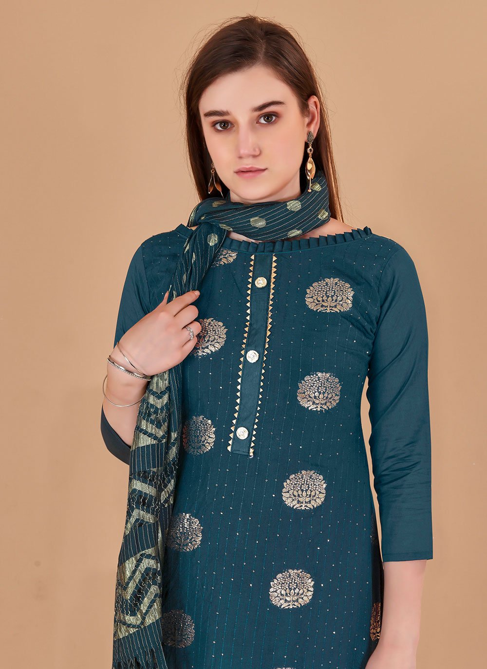 Pant Style Suit Banarasi Silk Teal Booti Salwar Kameez