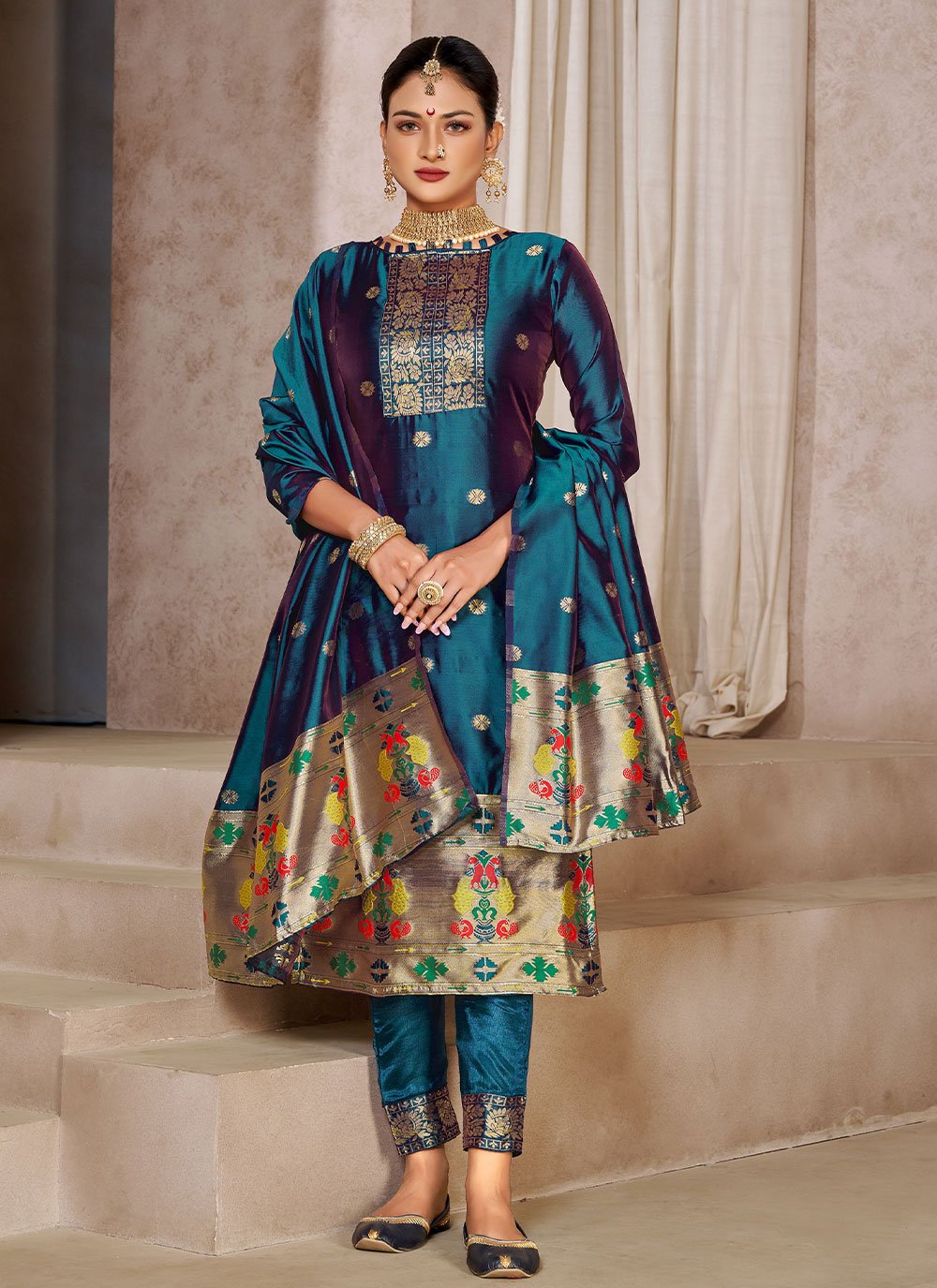 Salwar Suit Tafeta Silk Teal Jacquard Work Salwar Kameez