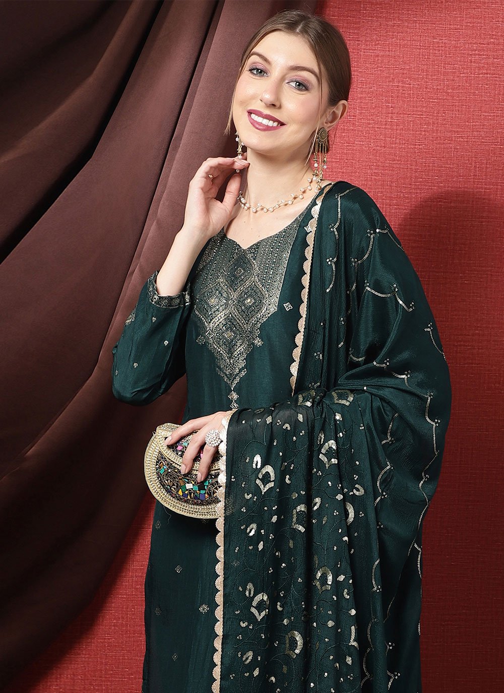 Pant Style Suit Silk Teal Embroidered Salwar Kameez