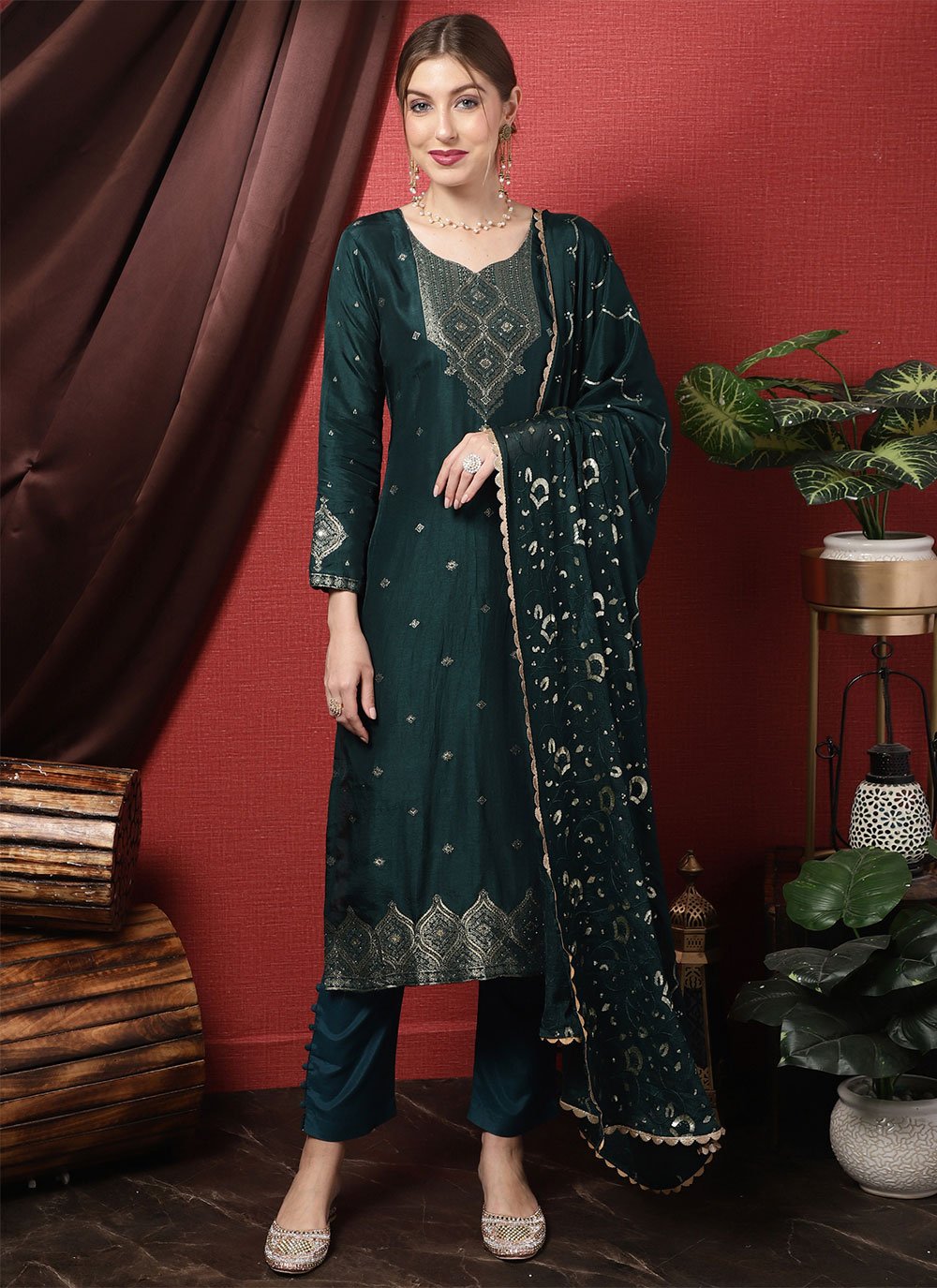 Pant Style Suit Silk Teal Embroidered Salwar Kameez