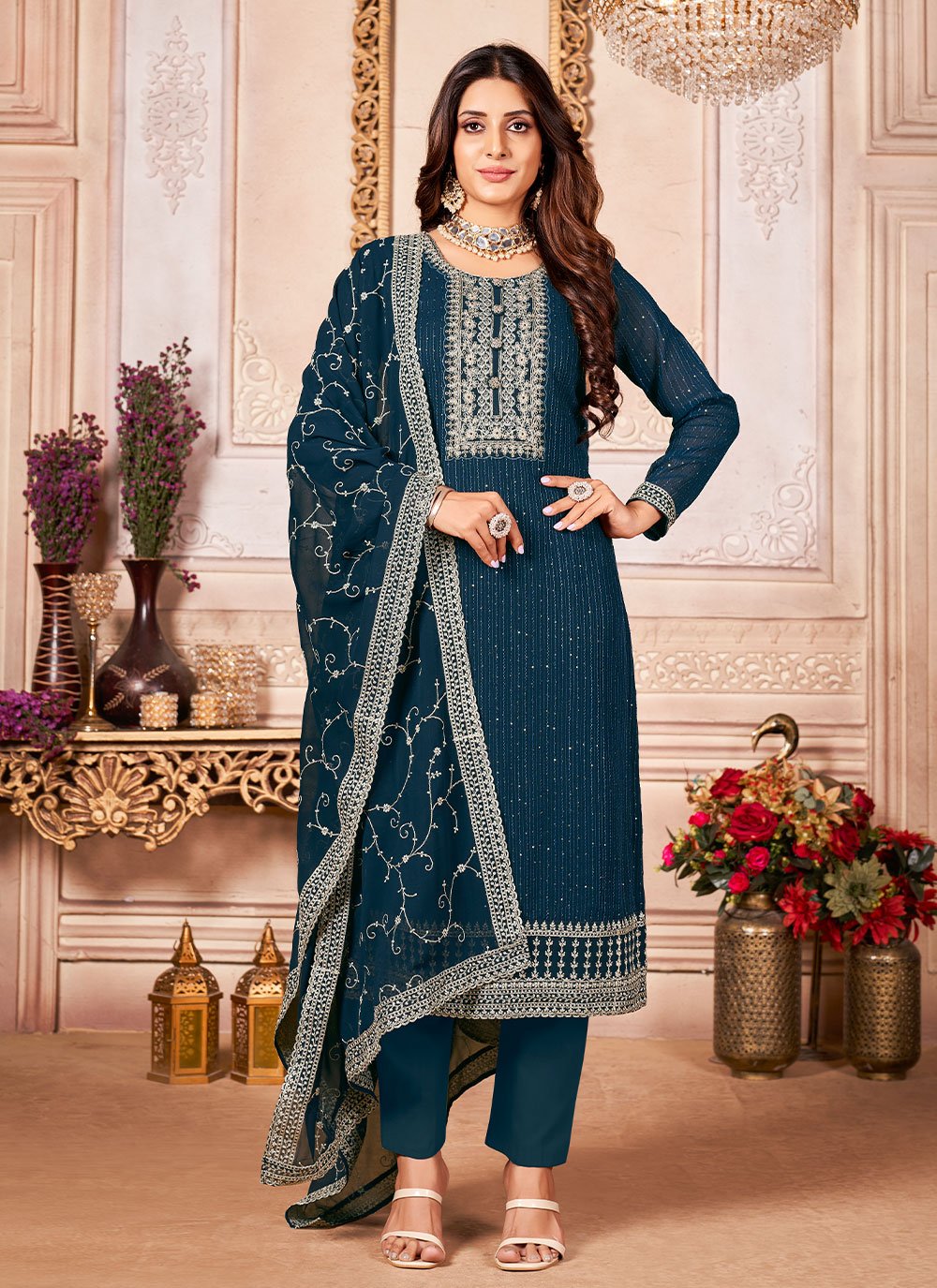 Salwar Suit Faux Georgette Teal Embroidered Salwar Kameez