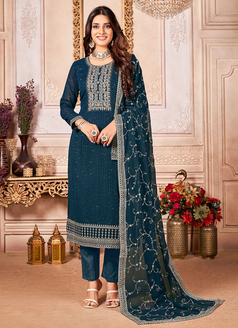 Salwar Suit Faux Georgette Teal Embroidered Salwar Kameez