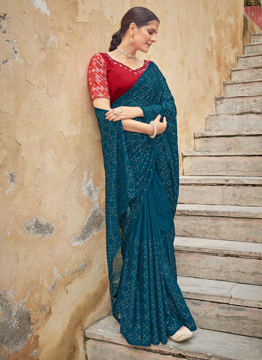 Contemporary Chinon Teal Sequins Saree