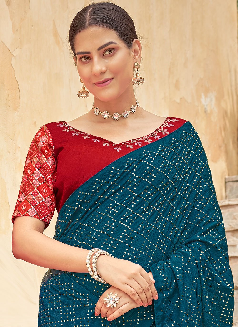 Contemporary Chinon Teal Sequins Saree