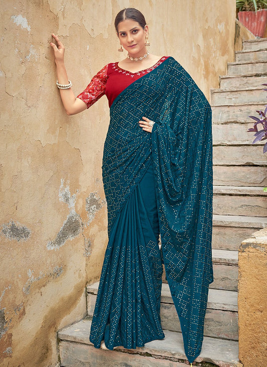 Contemporary Chinon Teal Sequins Saree