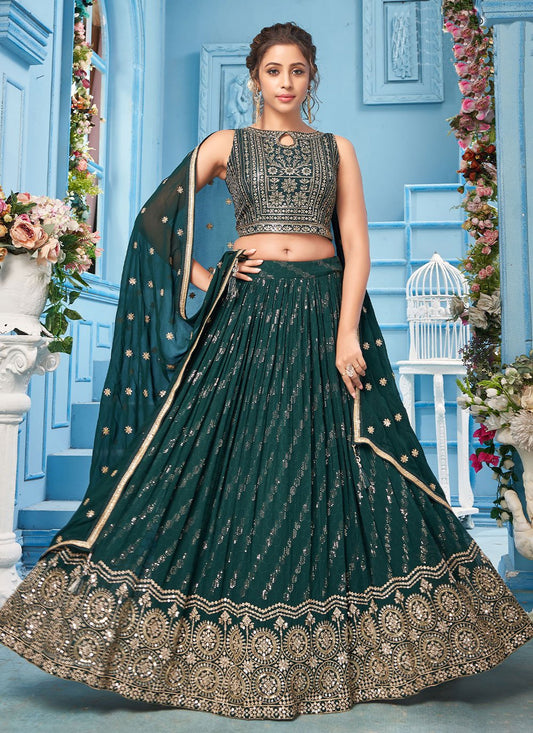 Lehenga Choli Chinon Teal Embroidered Lehenga Choli