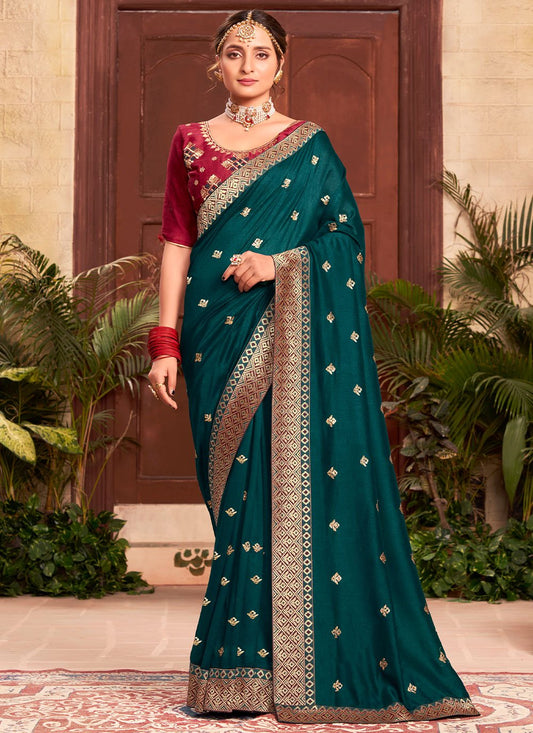 Classic Silk Teal Embroidered Saree