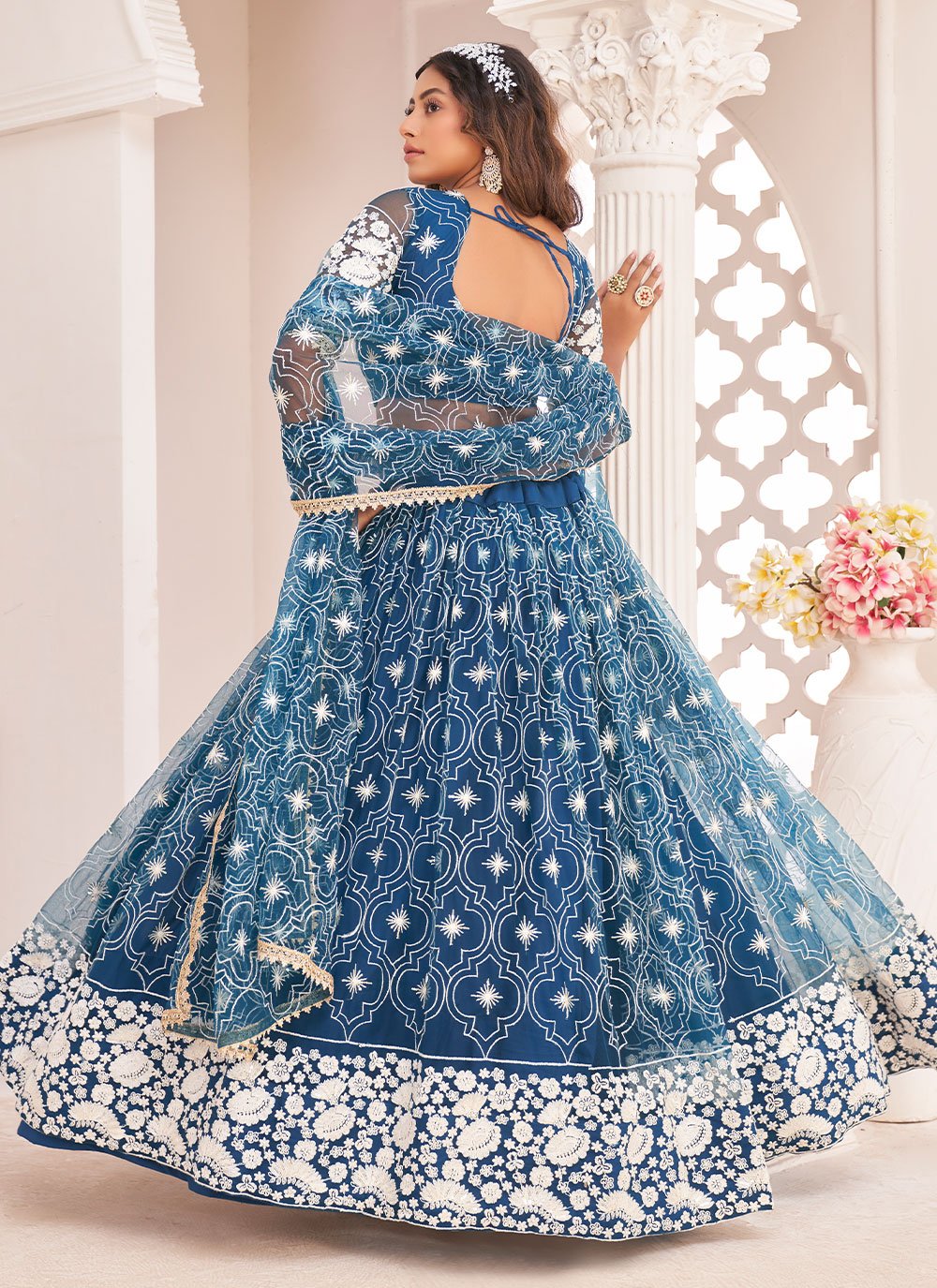 A Line Lehenga Net Teal Embroidered Lehenga Choli