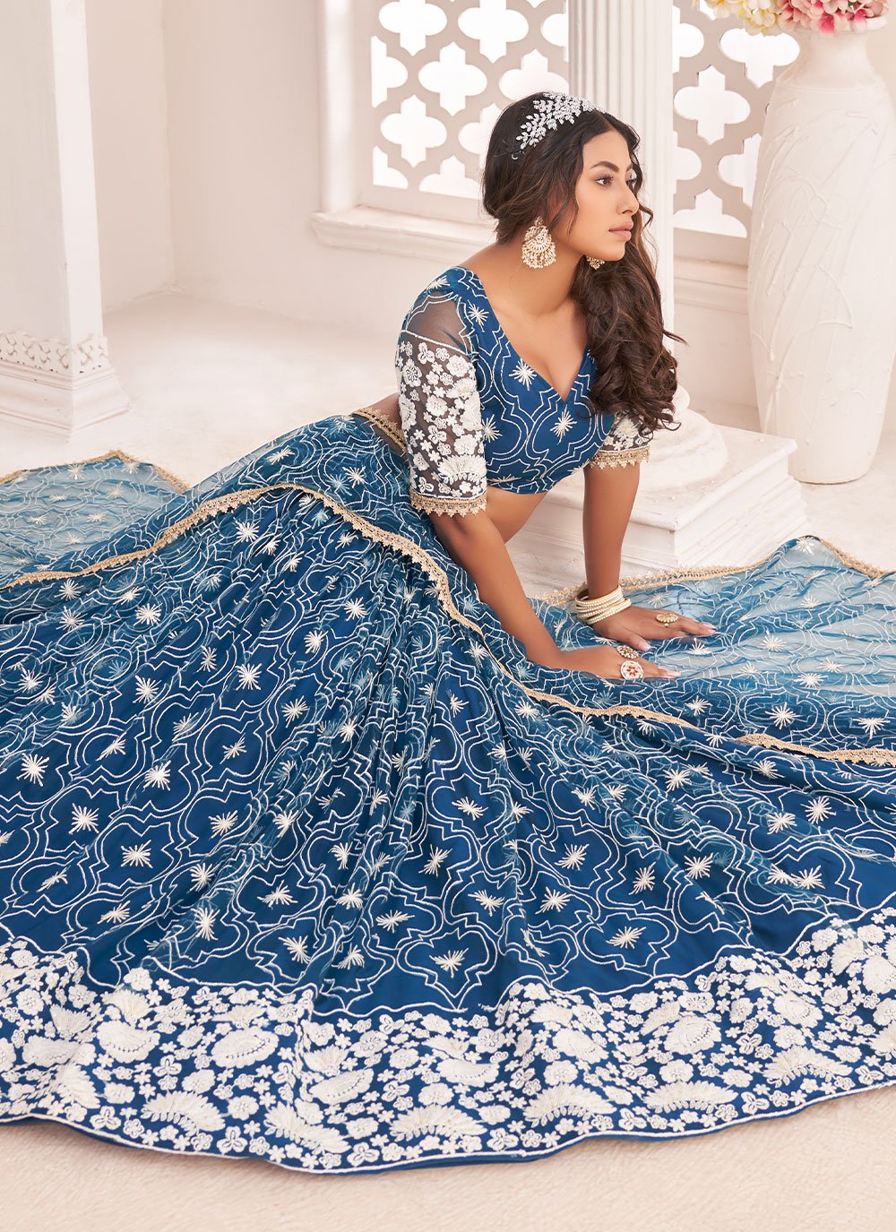 A Line Lehenga Net Teal Embroidered Lehenga Choli