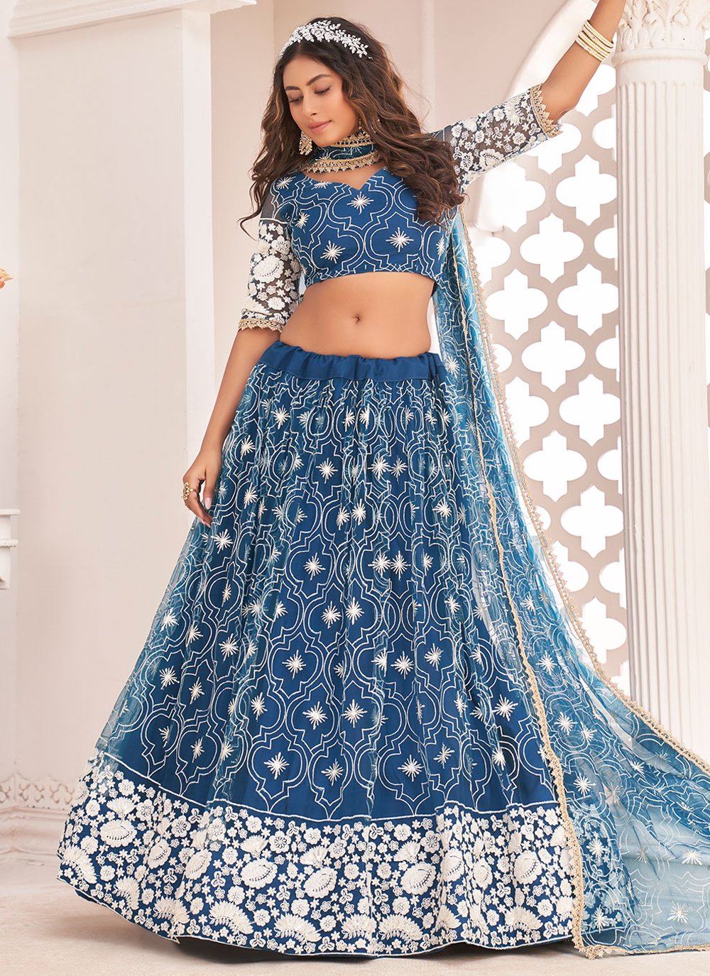 A Line Lehenga Net Teal Embroidered Lehenga Choli