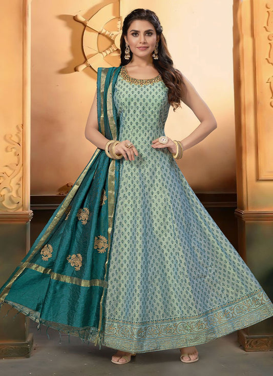 Anarkali Suit Silk Teal Embroidered Salwar Kameez