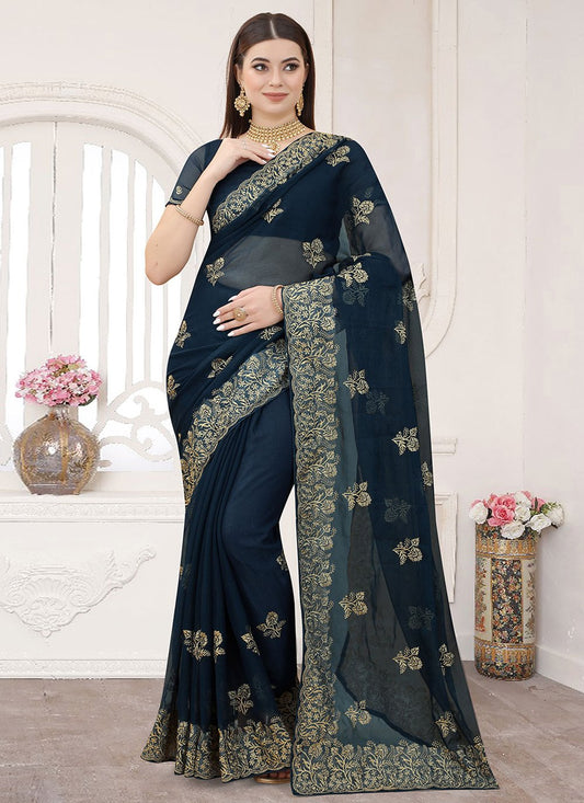 Designer Silk Teal Embroidered Saree