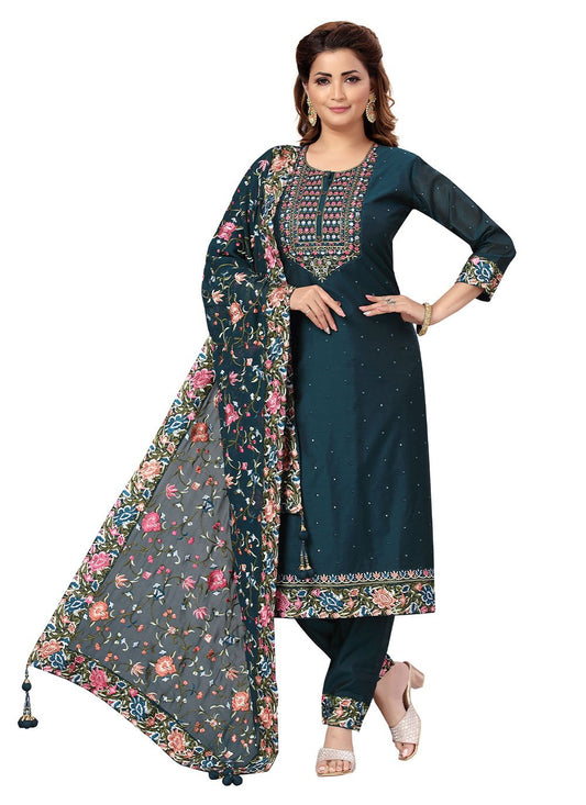 Pant Style Suit Chanderi Teal Embroidered Salwar Kameez