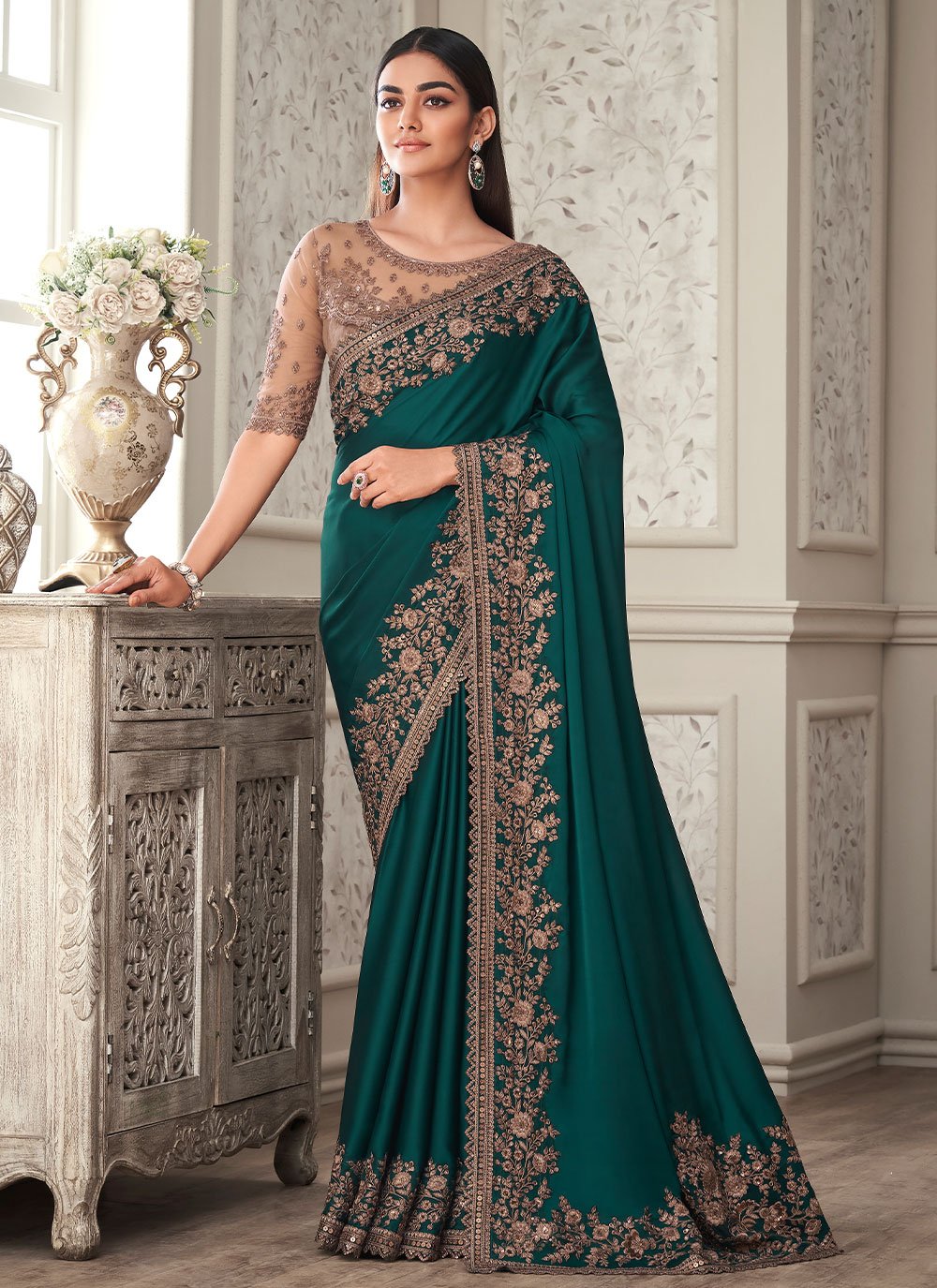 Traditional Saree Silk Teal Embroidered Saree