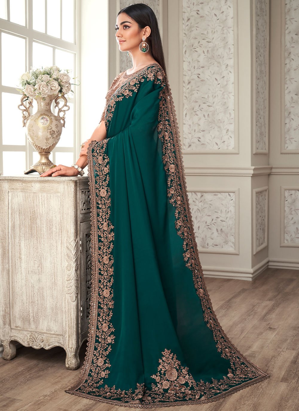 Traditional Saree Silk Teal Embroidered Saree