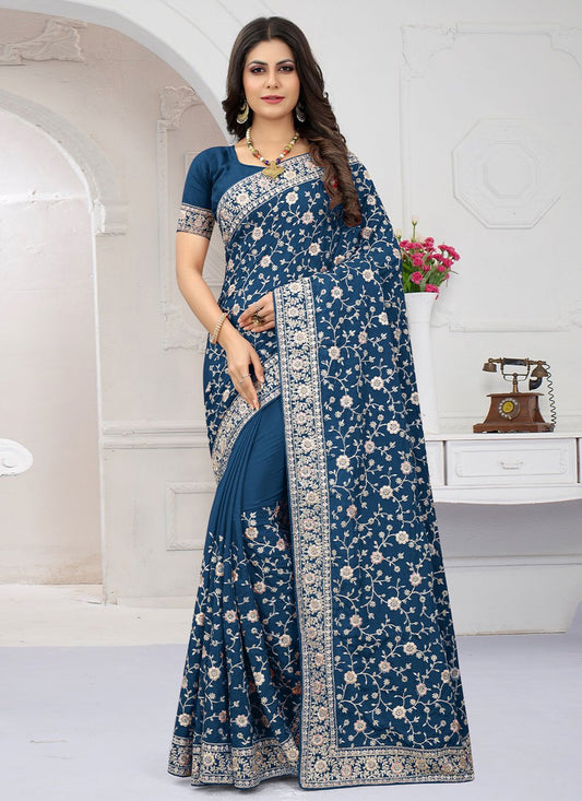 Contemporary Crepe Silk Teal Embroidered Saree