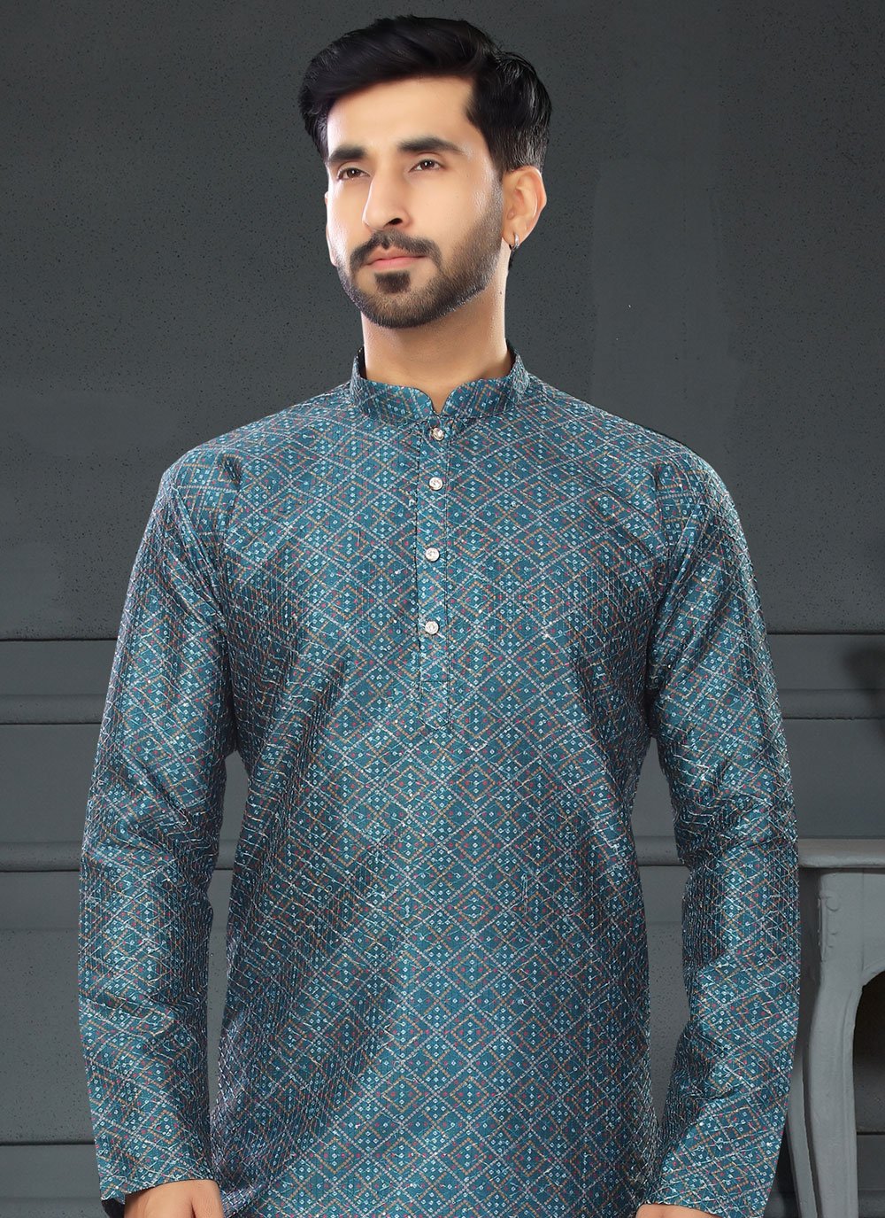 Kurta Pyjama Silk Teal Digital Print Mens