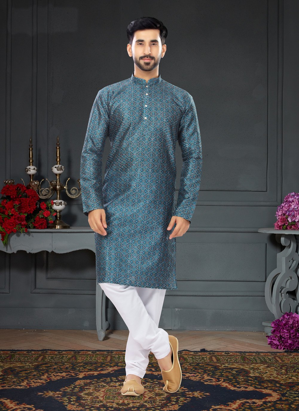 Kurta Pyjama Silk Teal Digital Print Mens