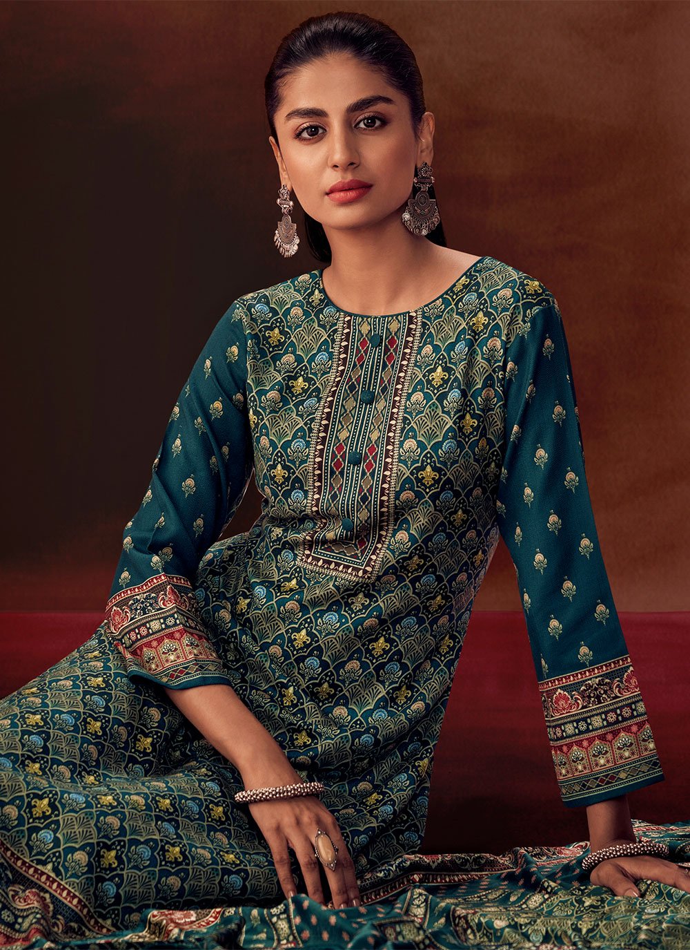 Palazzo Salwar Suit Pashmina Teal Digital Print Salwar Kameez