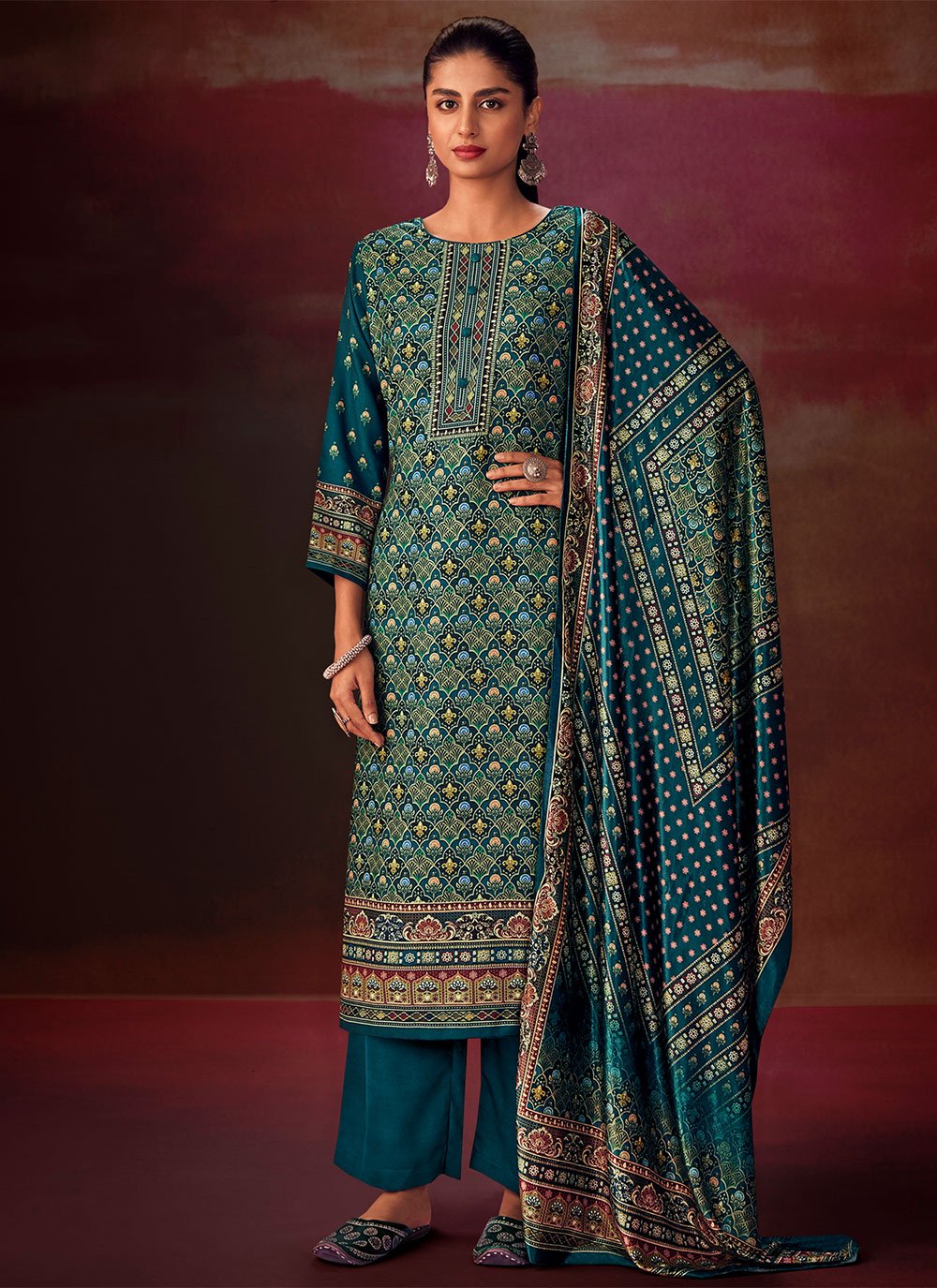 Palazzo Salwar Suit Pashmina Teal Digital Print Salwar Kameez