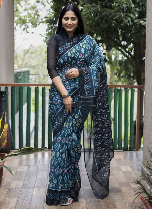 Classic Cotton Teal Digital Print Saree