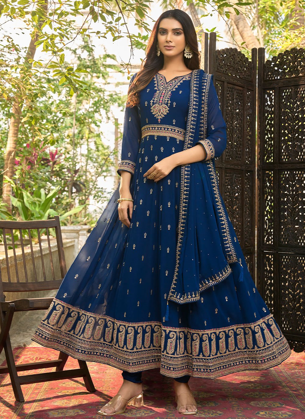 Anarkali Suit Faux Georgette Teal Embroidered Salwar Kameez