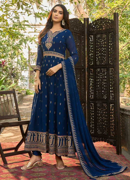 Anarkali Suit Faux Georgette Teal Embroidered Salwar Kameez