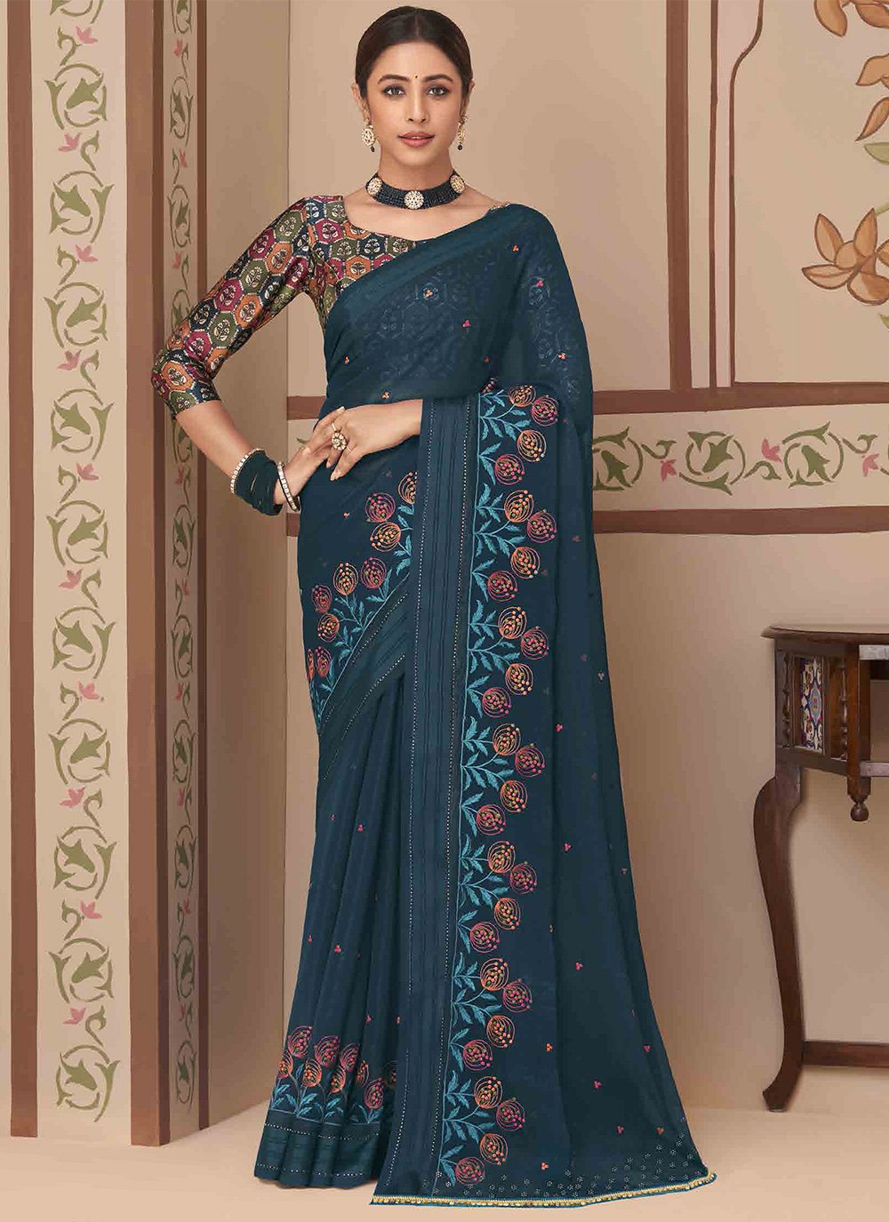 Contemporary Georgette Teal Embroidered Saree