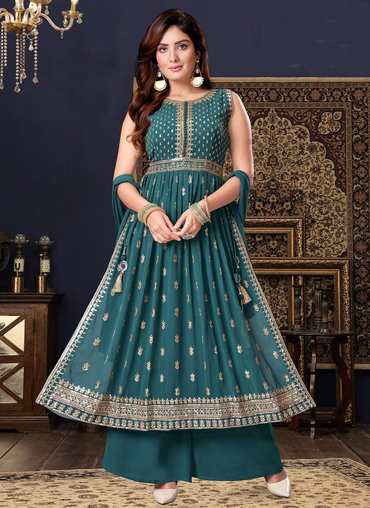 Salwar Suit Georgette Teal Embroidered Salwar Kameez