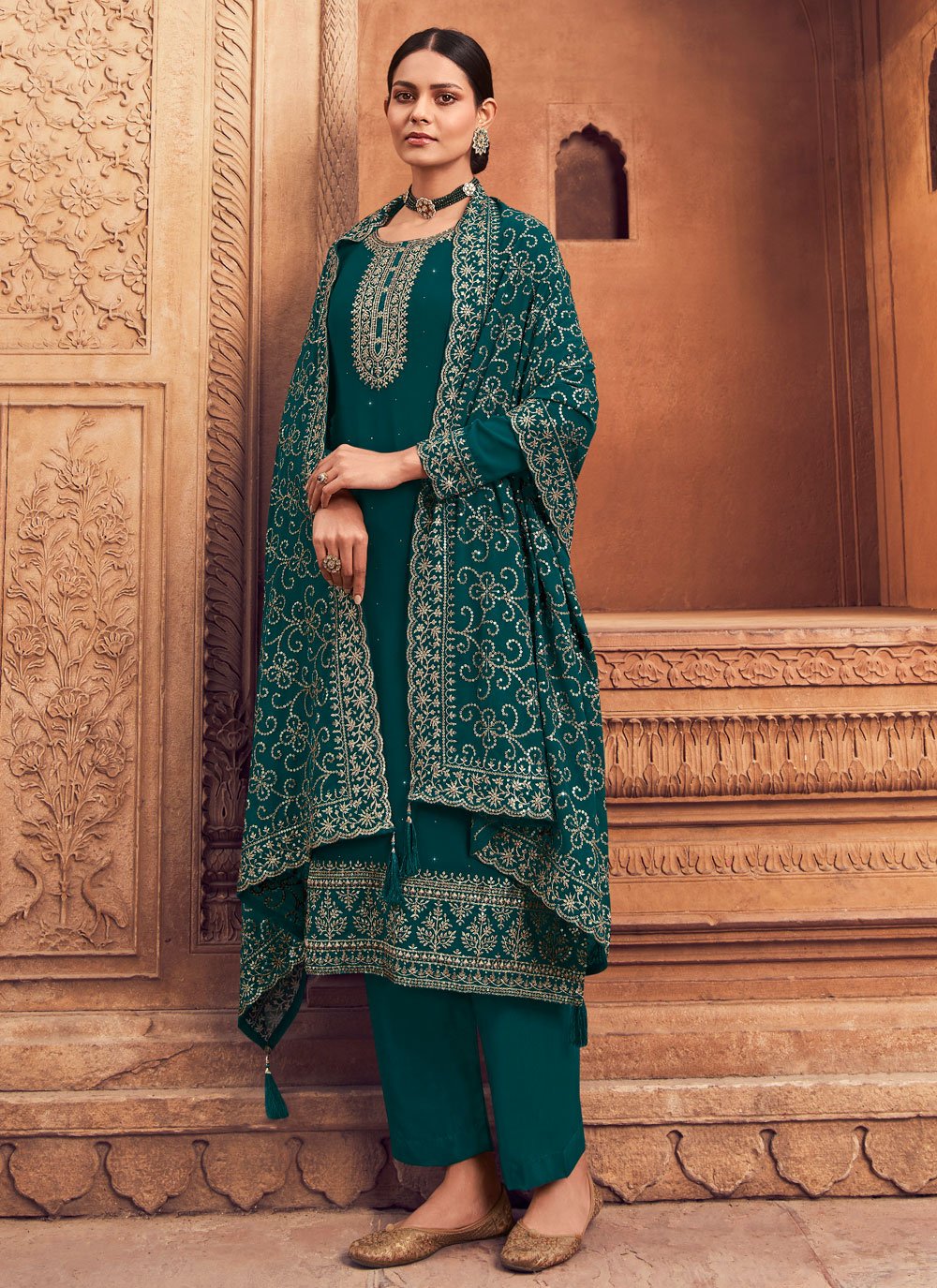 Salwar Suit Georgette Teal Embroidered Salwar Kameez