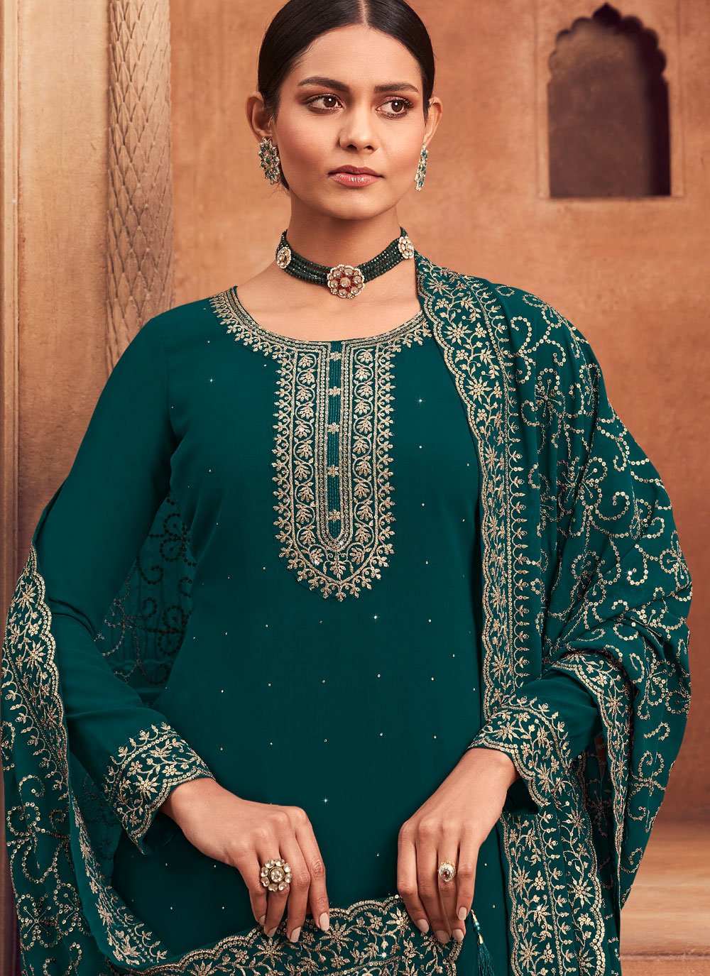 Salwar Suit Georgette Teal Embroidered Salwar Kameez