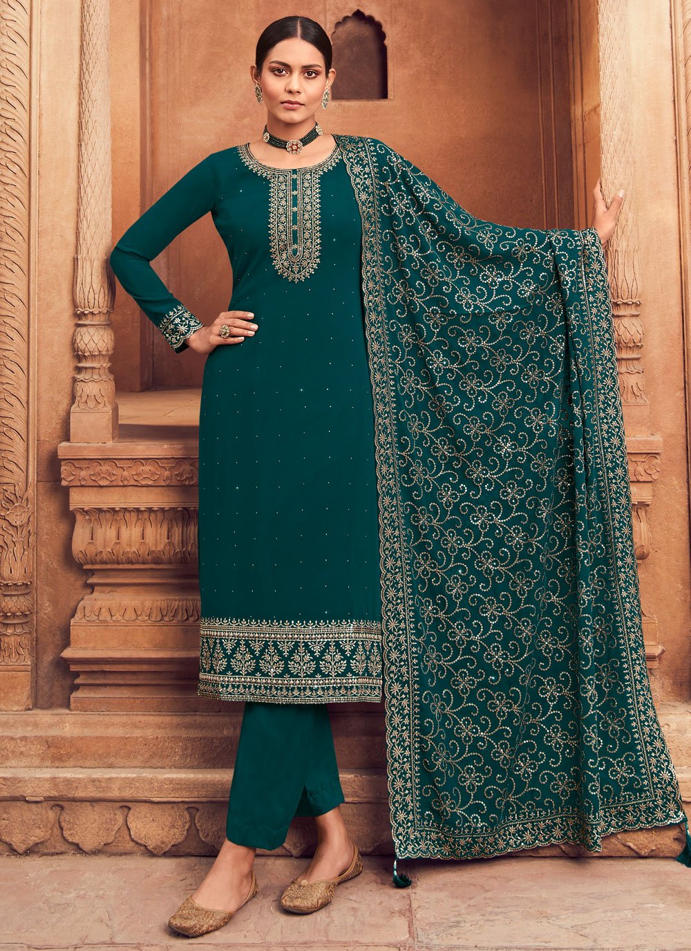 Salwar Suit Georgette Teal Embroidered Salwar Kameez