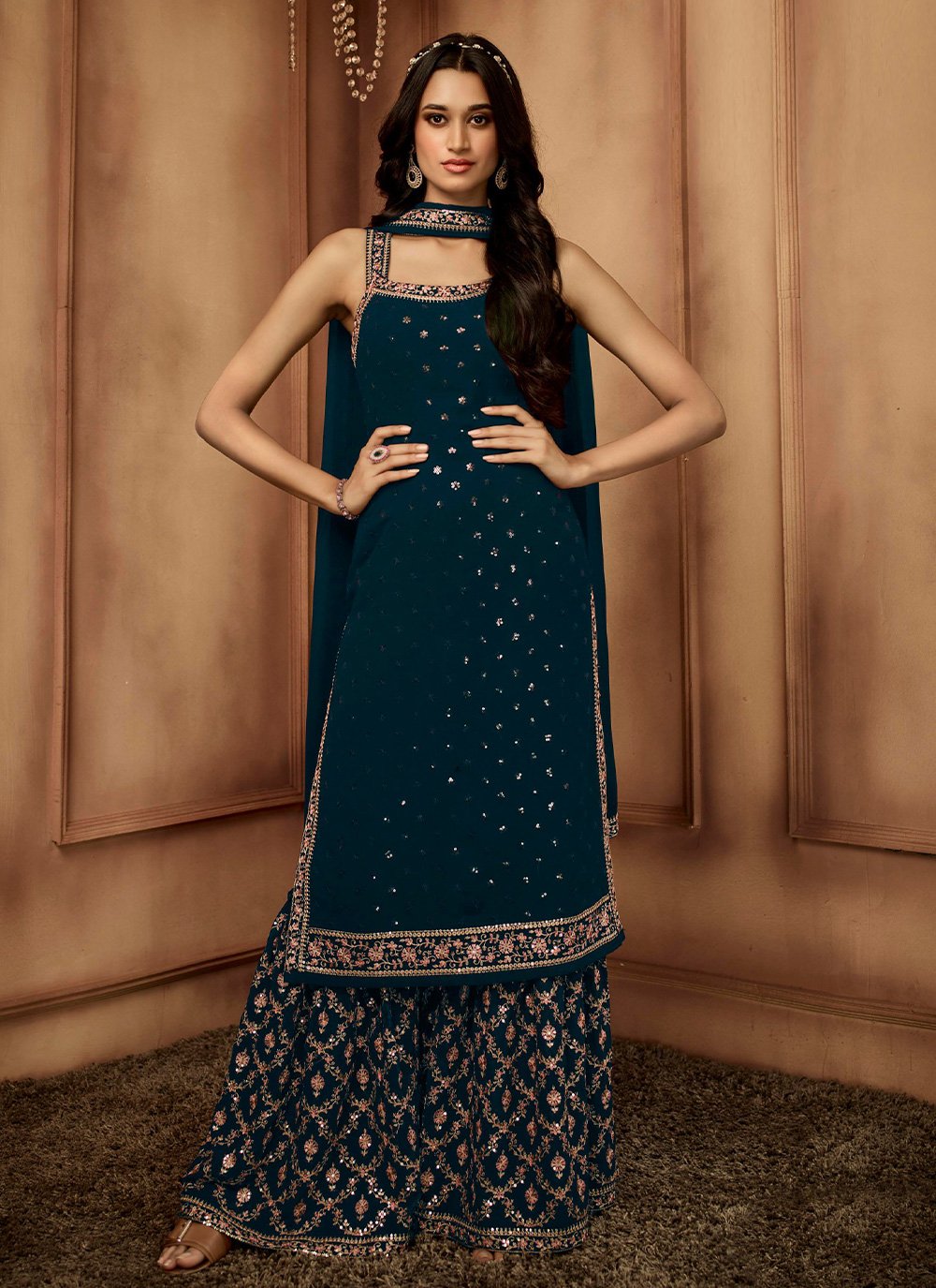 Salwar Suit Georgette Teal Embroidered Salwar Kameez