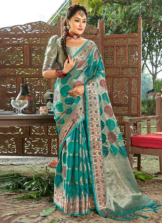 Trendy Saree Organza Teal Embroidered Saree