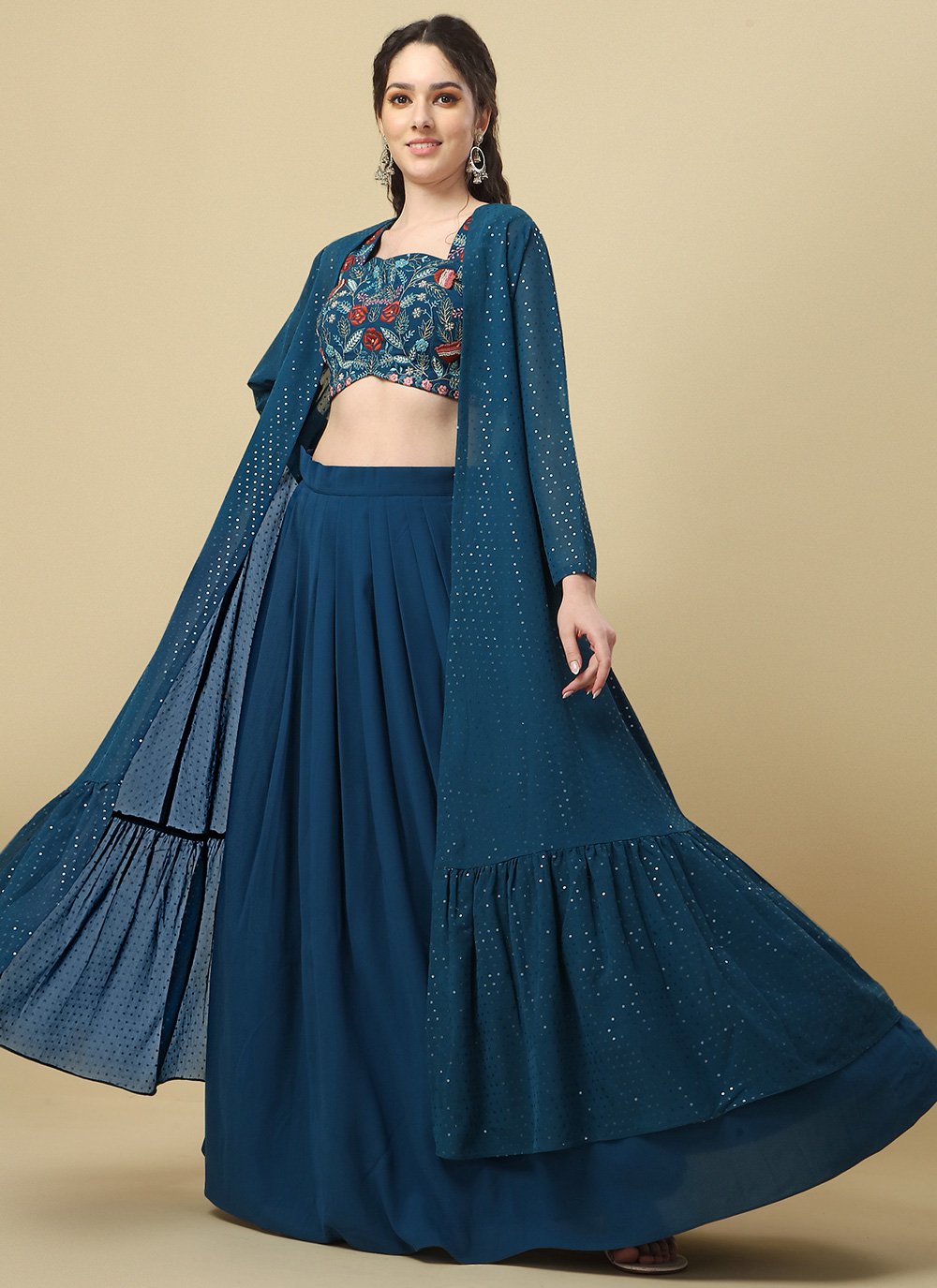 Readymade Lehenga Choli Chiffon Teal Embroidered Lehenga Choli