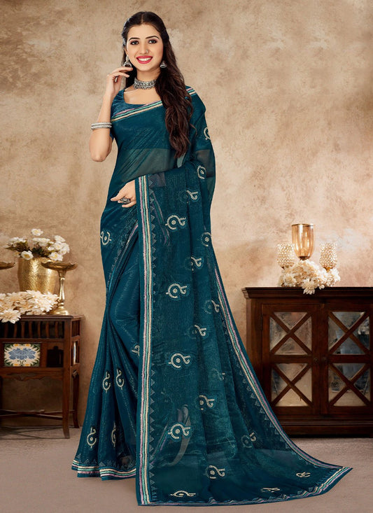 Classic Shimmer Teal Embroidered Saree