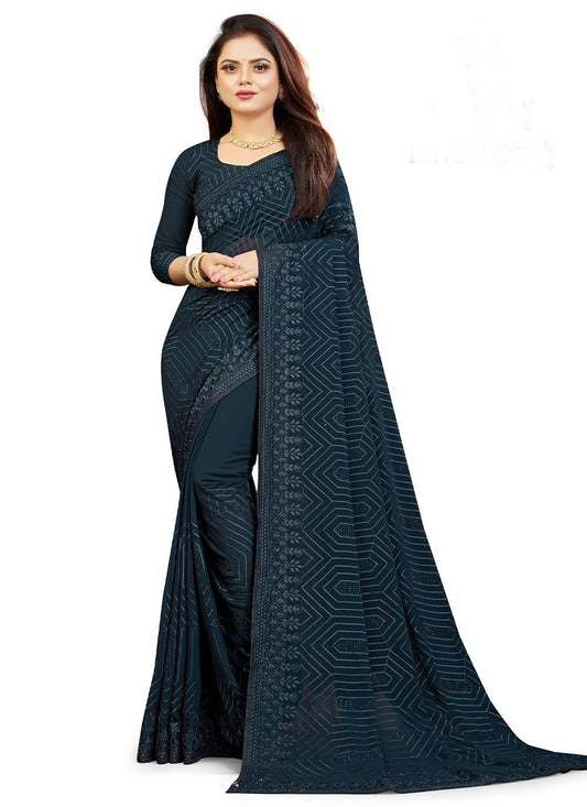 Classic Georgette Teal Embroidered Saree