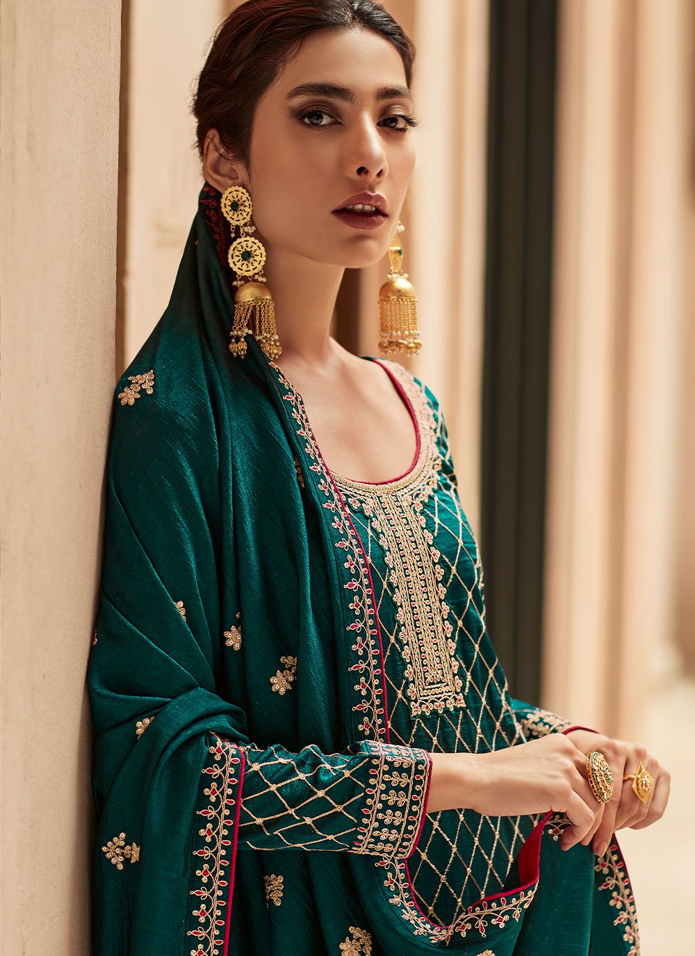 Pakistani Salwar Suit Silk Teal Embroidered Salwar Kameez