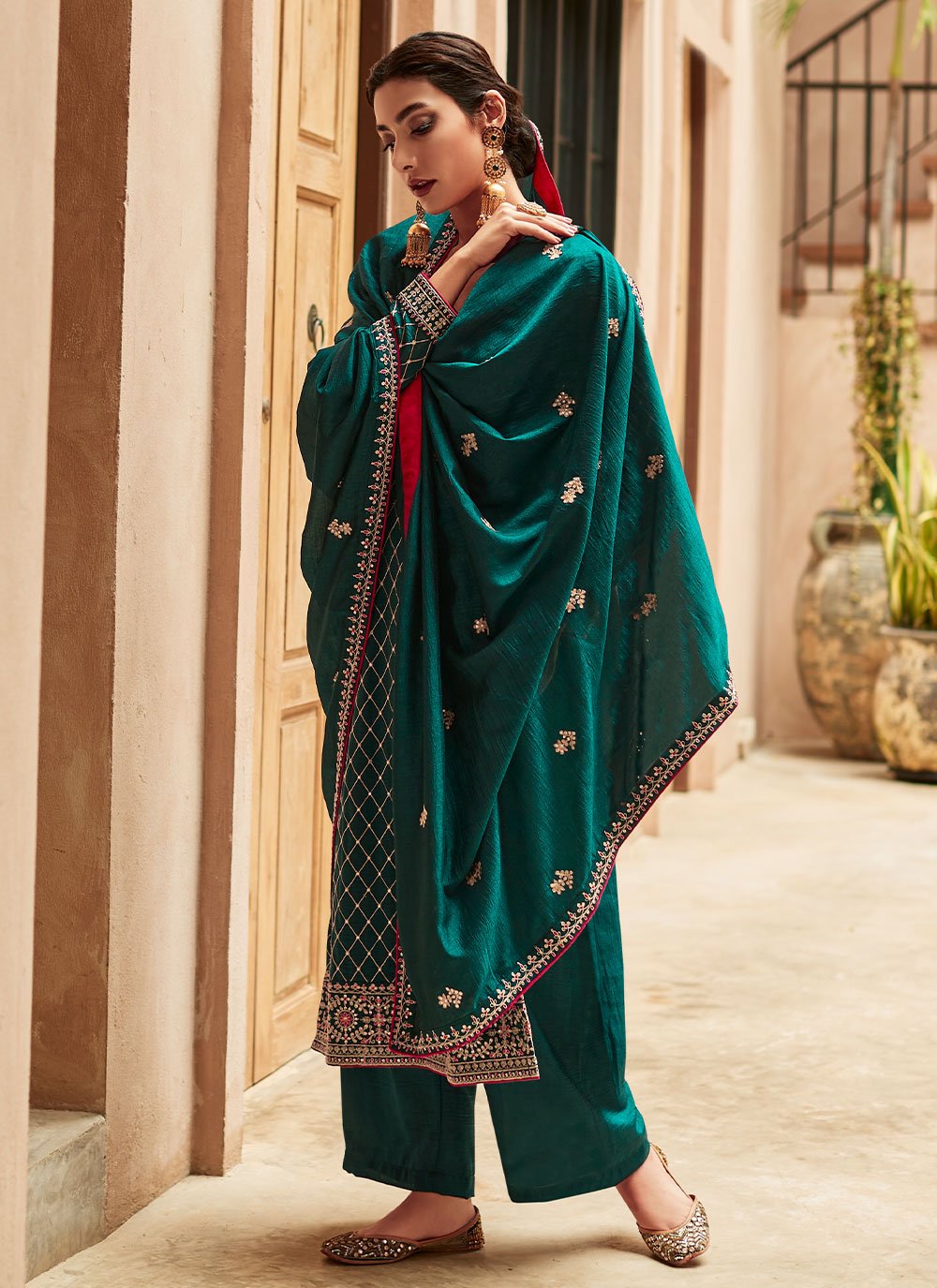 Pakistani Salwar Suit Silk Teal Embroidered Salwar Kameez